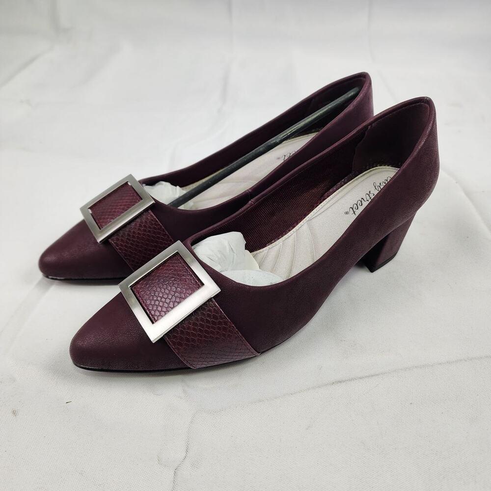 Easy Street Womens Cider Burgundy Snake Buckle Pointed Toe Block Heel Pumps 10 W